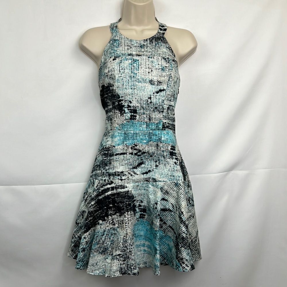 Parker blue black white print cotton blend halter mini dress size large EUC